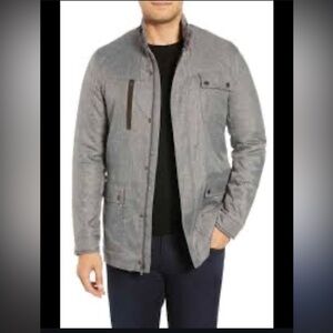 Bugatchi Men's Grey Twill Field minimalist Jacket Suede Trim Quilted old money L
